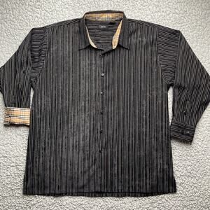 Vintage Gachu Button Up Shirt Mens 2XL Black Corduroy Textured Plaid Long Sleeve